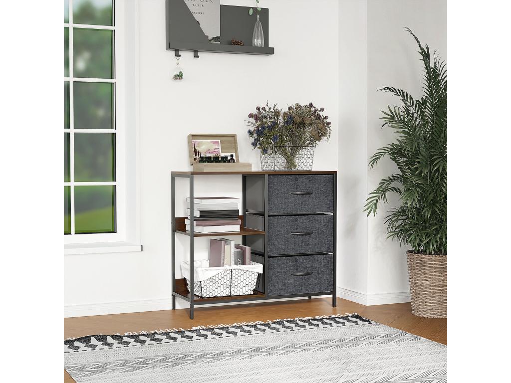 Meuble de rangement commode design - 3 tiroirs 2 étagères - métal MDF non tissé anthracite TMHS88462