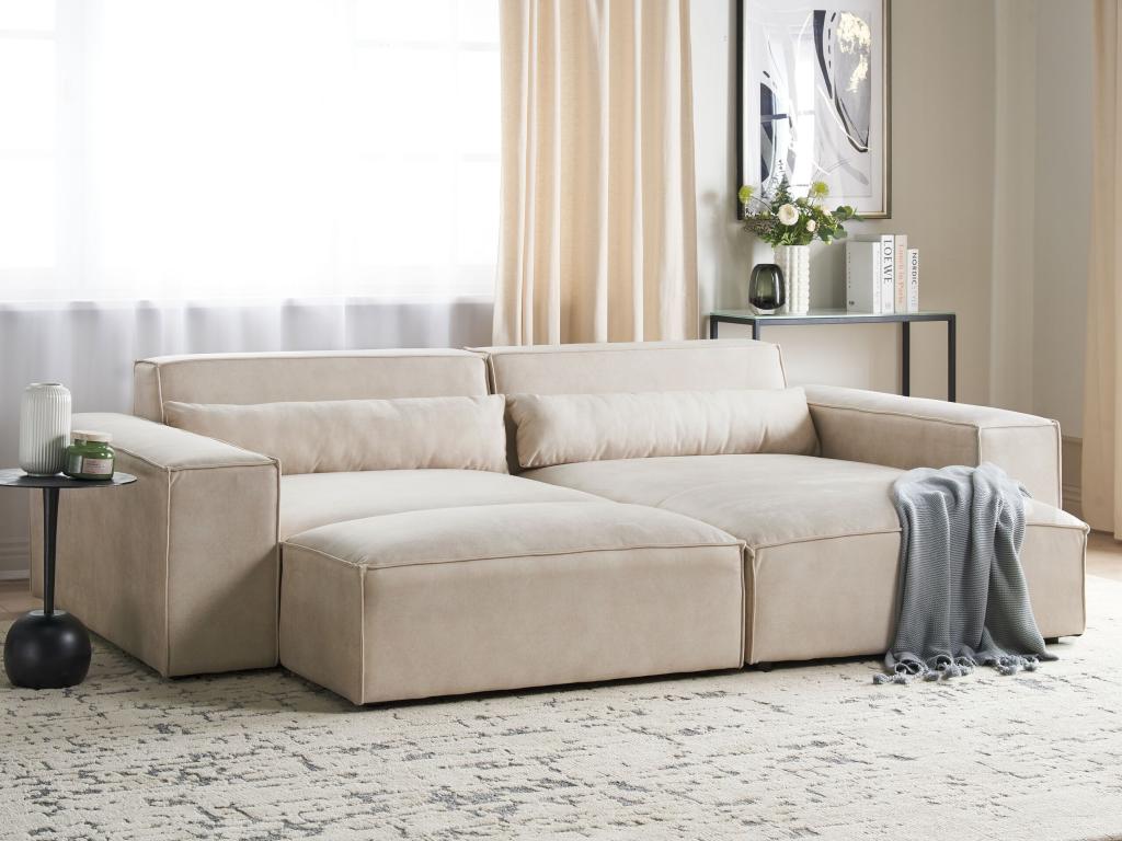 Canapé d'Angle à droite 2 Places Modulable avec Ottoman Moderne en Velours Rembourré Beige Artigeo XIWC79546