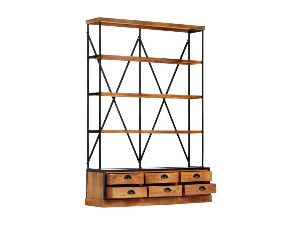 Bibliothèque à 4 étagères avec 6 tiroirs 122x36x181 Manguier BVIY17076