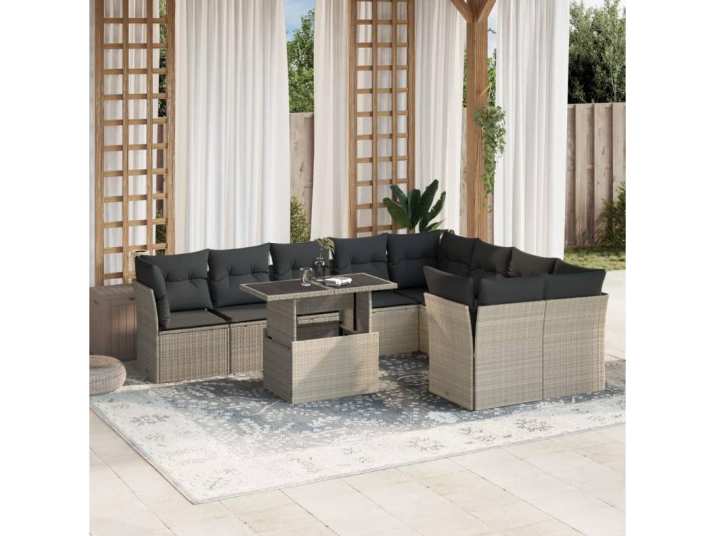 Salon de jardin avec coussins 10 pièces gris clair résine tressée ICRA44954