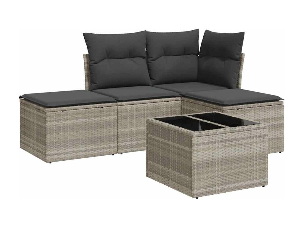 Salon de jardin 5 pièces avec coussins gris clair résine tressée AIRE00430